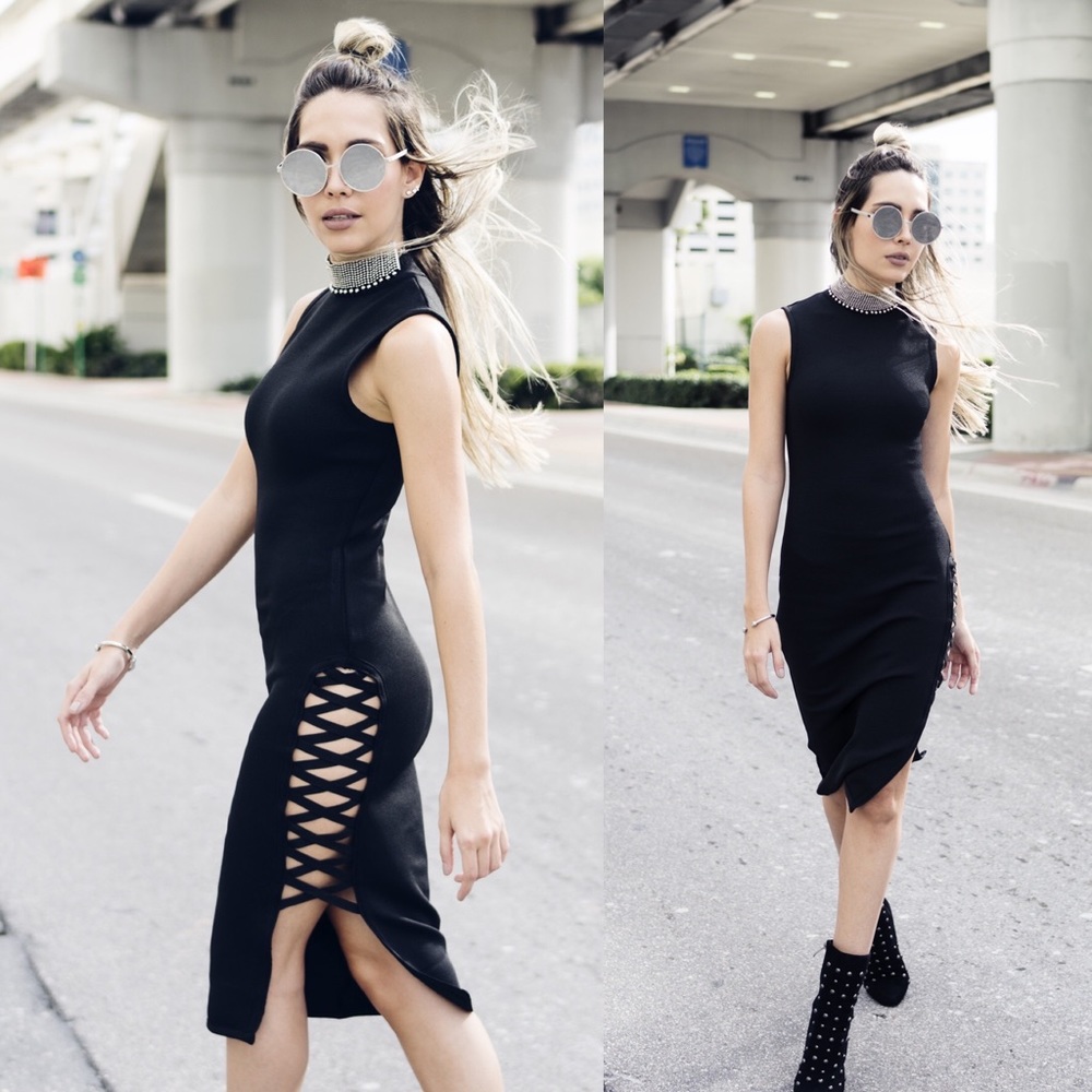 Black Bandage Side Straps Midi Dress